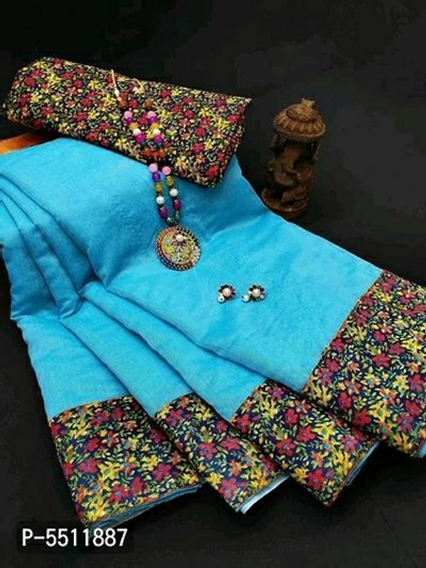 Cotton Saree with Printed Satin Blouse - Blue, Free shipping