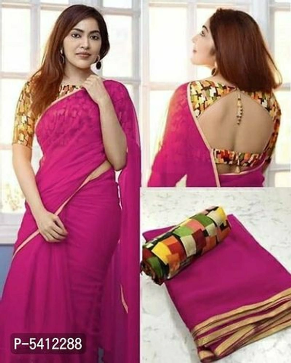 Attractive Georgette Solid Saree with Printed Blouse piece - Free shipping