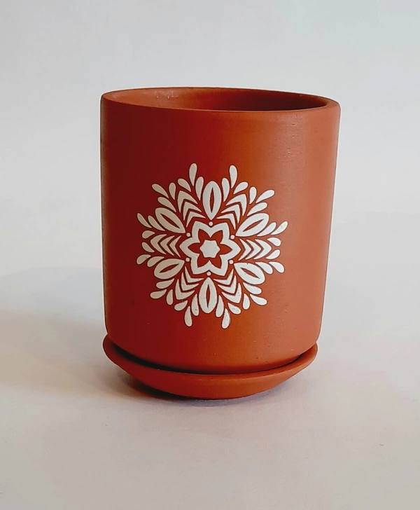 Mandella Print Terracotta Planter With Plate - D*H : 3.25*4.25 inches