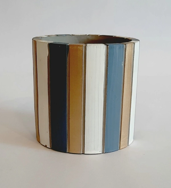 Blue White Gold Striped Cement Planter - D*H : 4.25*4 inches