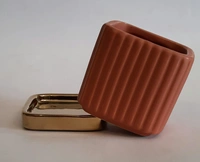 Square Brown Ceramic Planter With Plate - L*B*H : 3.1*3.1*3.25 inches