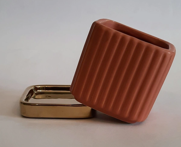 Square Brown Ceramic Planter With Plate - L*B*H : 3.1*3.1*3.25 inches