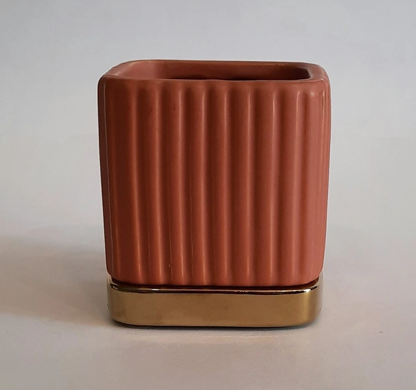 Square Brown Ceramic Planter With Plate - L*B*H : 3.1*3.1*3.25 inches