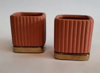Square Brown Ceramic Planter With Plate - L*B*H : 3.1*3.1*3.25 inches