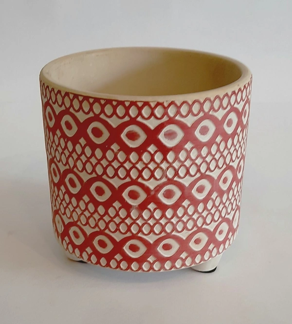White & Red Ceramic Planter Design 2 - D*H : 4.25*4.25 inches