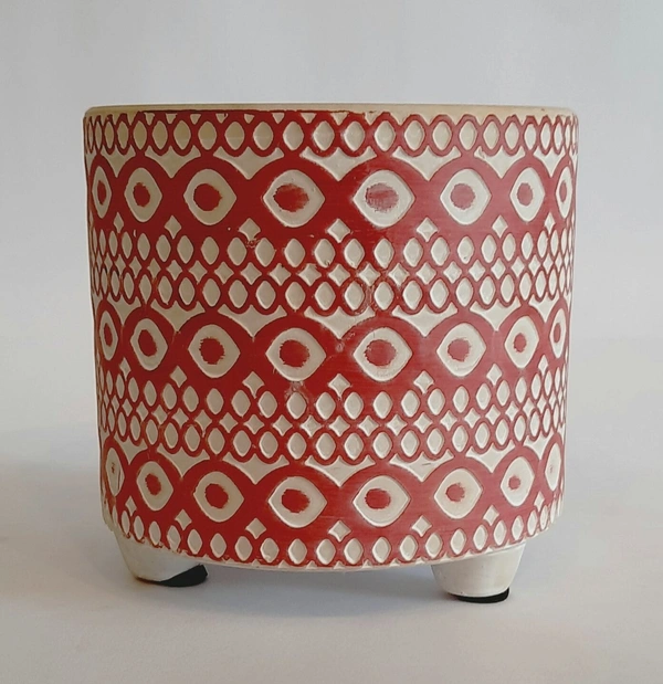White & Red Ceramic Planter Design 2 - D*H : 4.25*4.25 inches