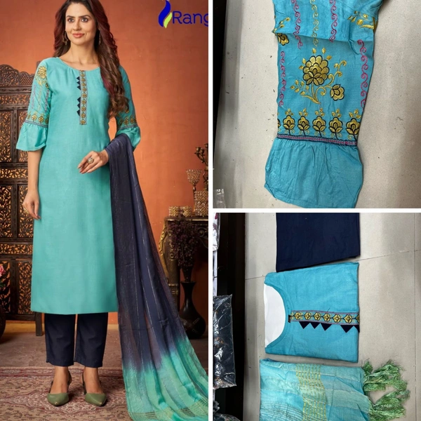 Kurti Pant With Dupatta Set - Top- Rayon, Bottom- Pure Cotton, Dupatta- Viscose, L, Xl, Xxl