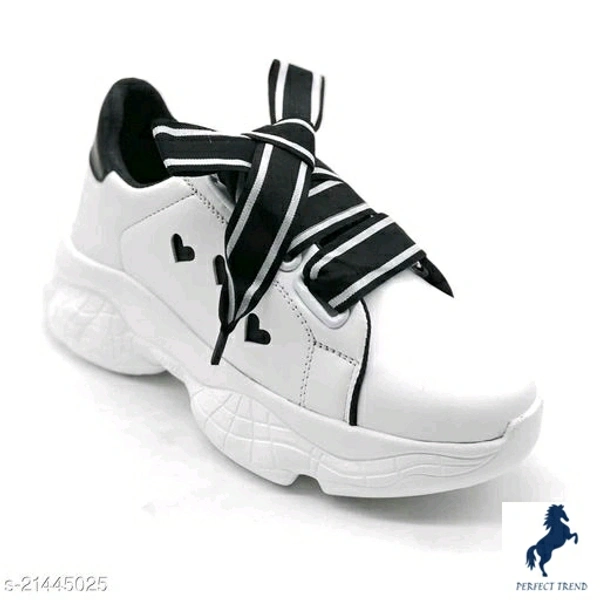Stylish Women's White Casual ShoesMaterial: Syntethic LeatherSole Material: SyntheticPattern: SolidSizes: IND-7, IND-6, IND-8, IND-3, IND-5, IND-4Country of Origin: India - White, 4
