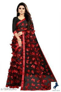 Butterfly Black&Red contrast Netsaree New Design of good quality butterflySaree Fabric: NetBlouse: Separate Blouse PieceBlouse Fabric: Satin SilkPattern: Self-DesignBlouse Pattern: EmbellishedMultipack: SingleSizes: Free Size (Saree Length Size: 5.5 m, Blouse Length Size: 0.8 m) Country of Origin: India - free size