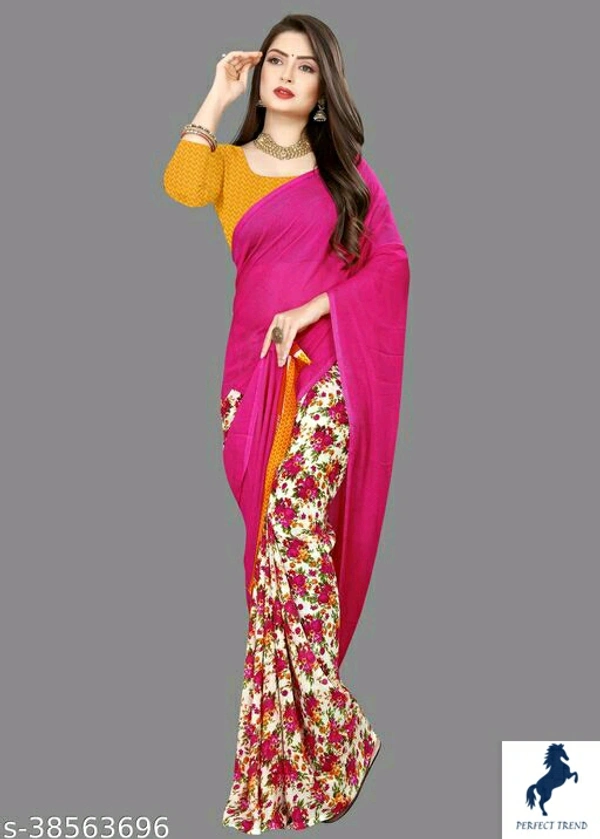 Printed, Daily wear, Georgette Saree with unstitched blouse pieceSaree Fabric: GeorgetteBlouse: Running BlouseBlouse Fabric: GeorgetteBlouse Pattern: PrintedMultipack: SingleSizes: Free Size (Saree Length Size: 5.2 m, Blouse Length Size: 0.8 m) Country of Origin: India - free size