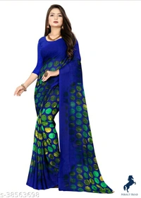 Printed, Daily wear, Georgette Saree with unstitched blouse pieceSaree Fabric: GeorgetteBlouse: Running BlouseBlouse Fabric: GeorgetteBlouse Pattern: PrintedMultipack: SingleSizes: Free Size (Saree Length Size: 5.2 m, Blouse Length Size: 0.8 m) Country of Origin: India - free size
