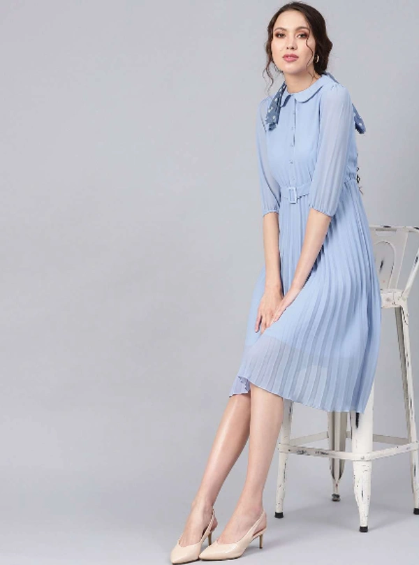 Sassafras BLUE PETERPAN PLEATED BELTED MIDI DRESS - XS, BLUE