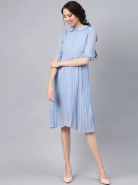 Sassafras BLUE PETERPAN PLEATED BELTED MIDI DRESS - XS, BLUE