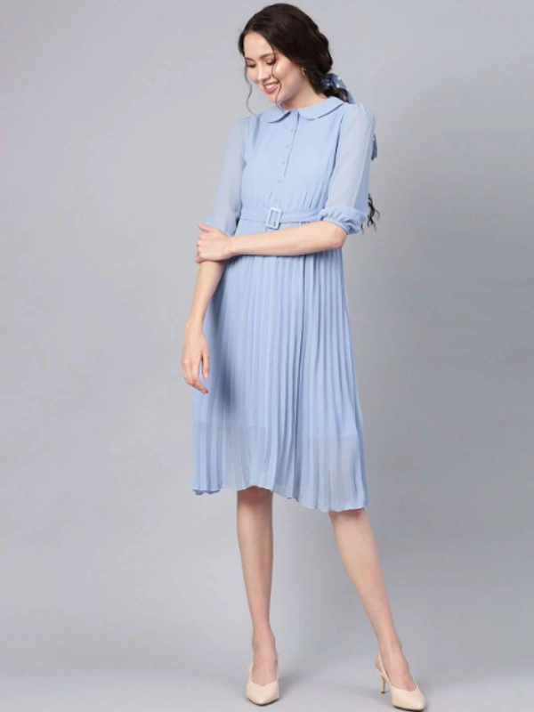 Sassafras BLUE PETERPAN PLEATED BELTED MIDI DRESS - XS, BLUE