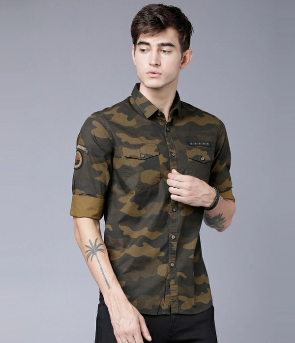 Highlander Men Military Camouflage Casual Green Shirt - M, Green 💚