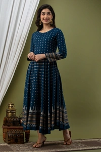 Lee Moda Women Printed Flared Kurta Teal Blue 💙 - Teal Blue 💙, L
