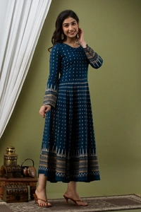 Lee Moda Women Printed Flared Kurta Teal Blue 💙 - Teal Blue 💙, XXL