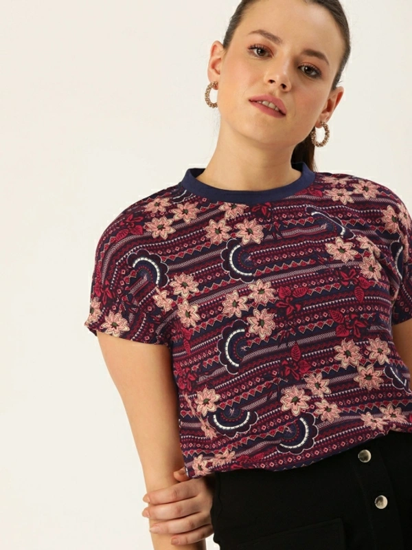 Dressberry Casual Short Sleeve Floral Print Women Maroon Top - Maroon, M