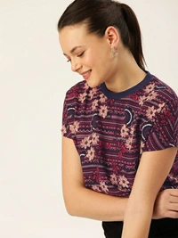 Dressberry Casual Short Sleeve Floral Print Women Maroon Top - Maroon, M