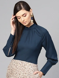 Sassafras Casual Cuffed Sleeve Solid Women Top - Navy Blue 💙, XL