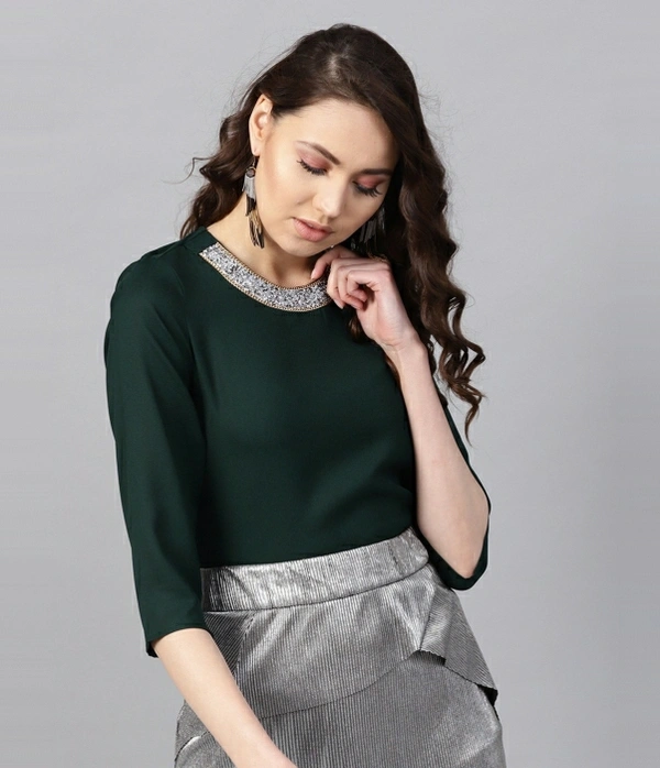Sassafras Casual 3/4 Sleeve Solid Women Green Top - Green 💚, XS