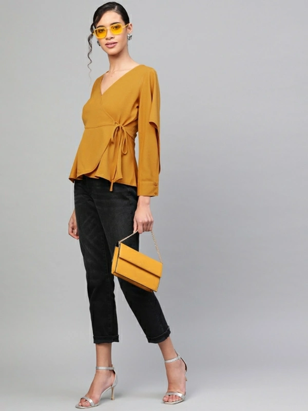 Sassafras Casual Cuffed Sleeve Solid Women Yellow Top - Mustard, M
