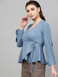 Sassafras Casual Cuffed Sleeve Solid Women Blue Top - Teal Blue 💙, XS