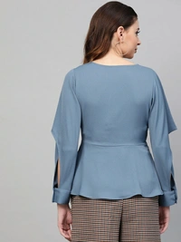 Sassafras Casual Cuffed Sleeve Solid Women Blue Top - Teal Blue 💙, XS