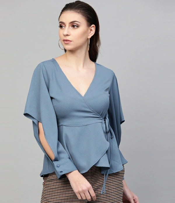 Sassafras Casual Cuffed Sleeve Solid Women Blue Top - Teal Blue 💙, M