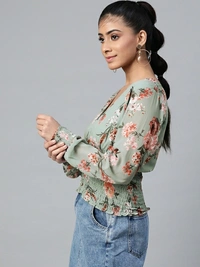 Sassafras Casual Full Sleeve Printed Women Light Green Top - Green 💚, XL