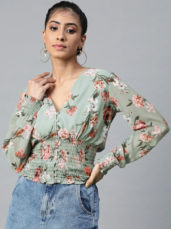 Sassafras Casual Full Sleeve Printed Women Light Green Top - Green 💚, XL