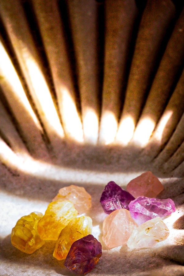 Raw Semi Precious Stone   - purple, rose pink, yellow