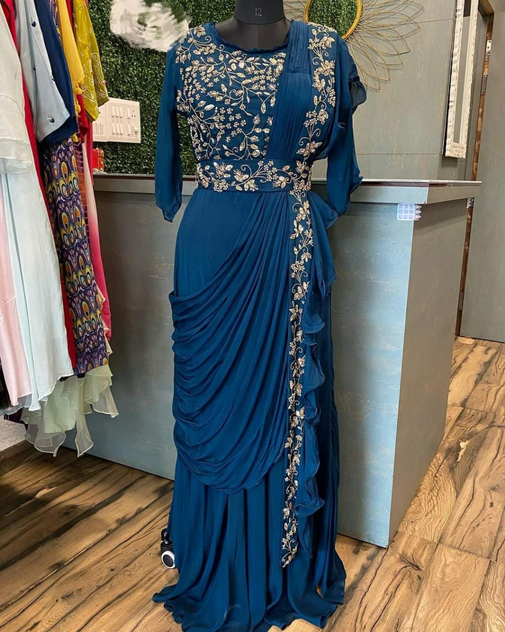 Buy Green Net Embroidery V Neck Pre-draped Saree Gown For Women by Jade By  Ashima Online at Aza Fashions.