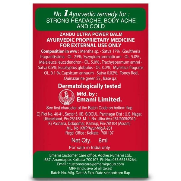 Zandu Ultra Power Balm for Strong Headache, Bodyache & Cold - 8 Ml
