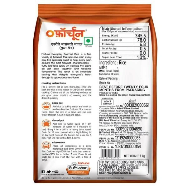 Fortune Everyday Full Grain Basmati Rice - 1 Kg