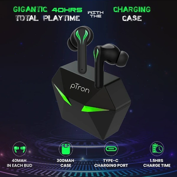 pTron Bassbuds Jade Gaming True Wireless Headphone with 40Hrs Total Playtime with Case, Low Latency, Deep Bass, BT5.0, Touch Control, Dual Mic, Passive Noise Cancellation & IPX4 Waterproof (Black) - Black