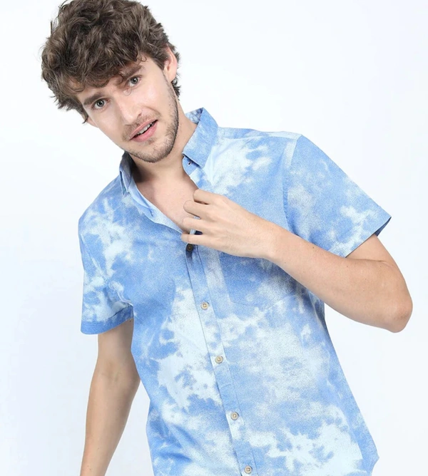 Slim Fit Half Sleeves Printed Casual Shirt - BLUE AND WHITE, L