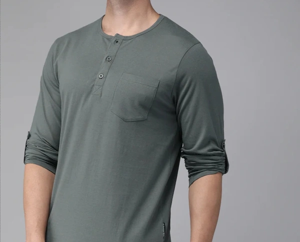 Solid Henley Pure Cotton Tshirt Full Sleeves - Dove Gray, L
