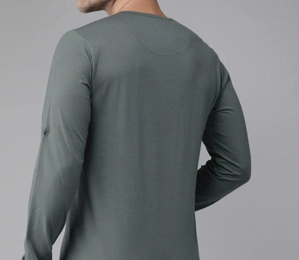 Solid Henley Pure Cotton Tshirt Full Sleeves - Dove Gray, L