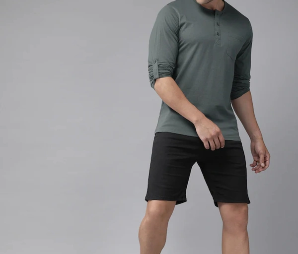 Solid Henley Pure Cotton Tshirt Full Sleeves - Dove Gray, L