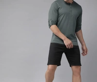 Solid Henley Pure Cotton Tshirt Full Sleeves - Dove Gray, XL