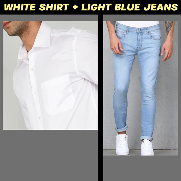 White Shirt + Light Blue Jeans Combo - WHITE & LIGHT BLUE, XXL
