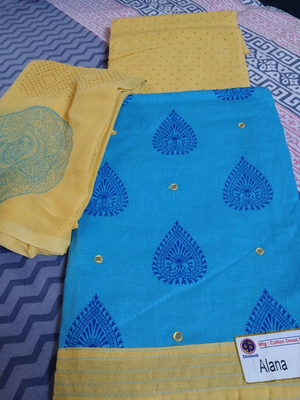 Cotton Fabric Unstitched - Blue &  Yellow , free