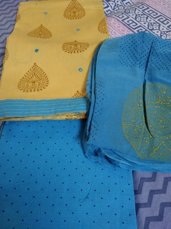 Cotton Fabric Unstitched - Yellow & Blue Duptta, free