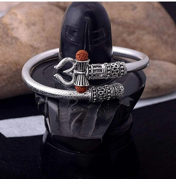 Oxidised Silver-Plated Shiv & Trishul Rudraksha Kada - Free Size