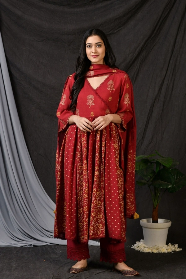 BRISA Rayon Gold Printed Angrakha Kurti& Pant - M 38 L 40 XL 42 XXL 44