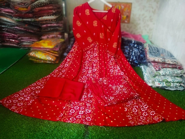 BRISA Rayon Gold Printed Angrakha Kurti& Pant - M 38 L 40 XL 42 XXL 44