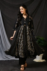 BRISA Rayon Gold Printed Angrakha Kurti& Pant - M 38 L 40 XL 42 XXL 44