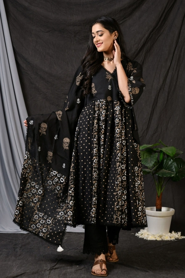 BRISA Rayon Gold Printed Angrakha Kurti& Pant - M 38 L 40 XL 42 XXL 44