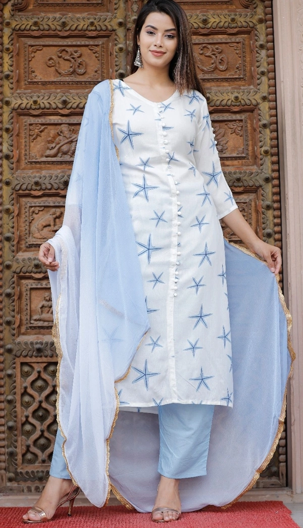 BRISA Rayon Printed Embroidery Kurti Pant &Duppatta Set - M to XXL
